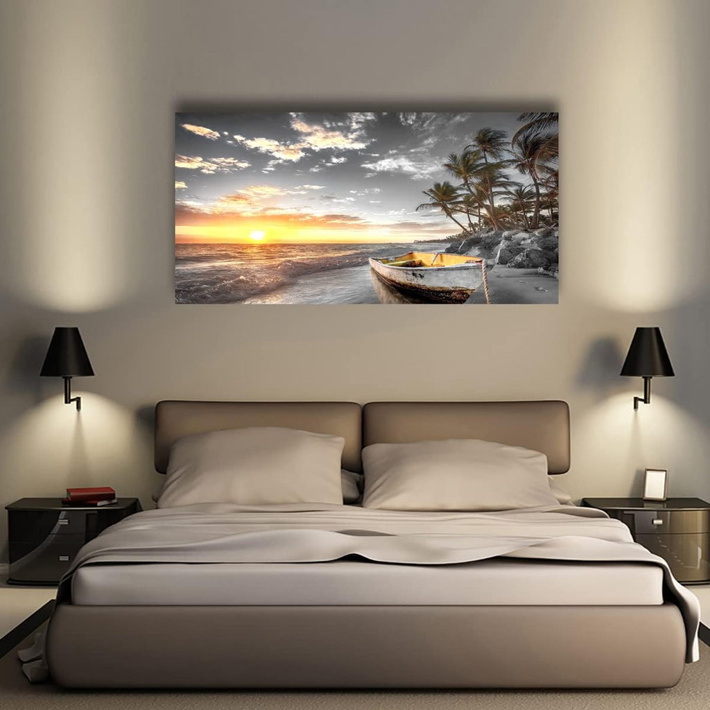 Beach Wall Art Canvas Prints Art Black and White Sunset Seascape Pictures Bedroom Decor Boat Tree Ocean Landscape Painting for Living Room Office Decoration Natural Scenery Artwork 28 x 57inches