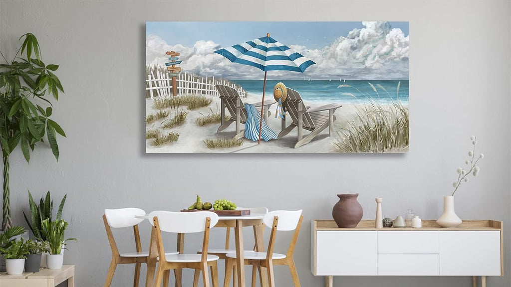Shoci Summer Beach Wall Art - Large Blue Sky White Cloud Canvas Picture for Living Room Ocean Beach Painting Print Decor Peaceful Sea Life Artwork Wall Art for Bedroom Home Office Decoration 29' X 58'