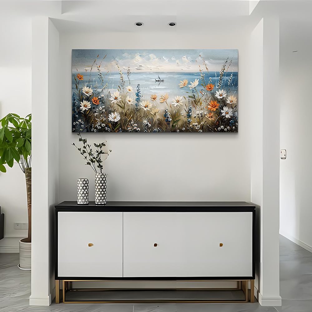 MHARTK66 Wall Art for Living Room Large Beach Painting Ocean Wildflower Canvas Artwork Framed Coastal Landscape Artwork Seascape Nature Rustic Picture for Office Bedroom Home Wall Decor 60x30in