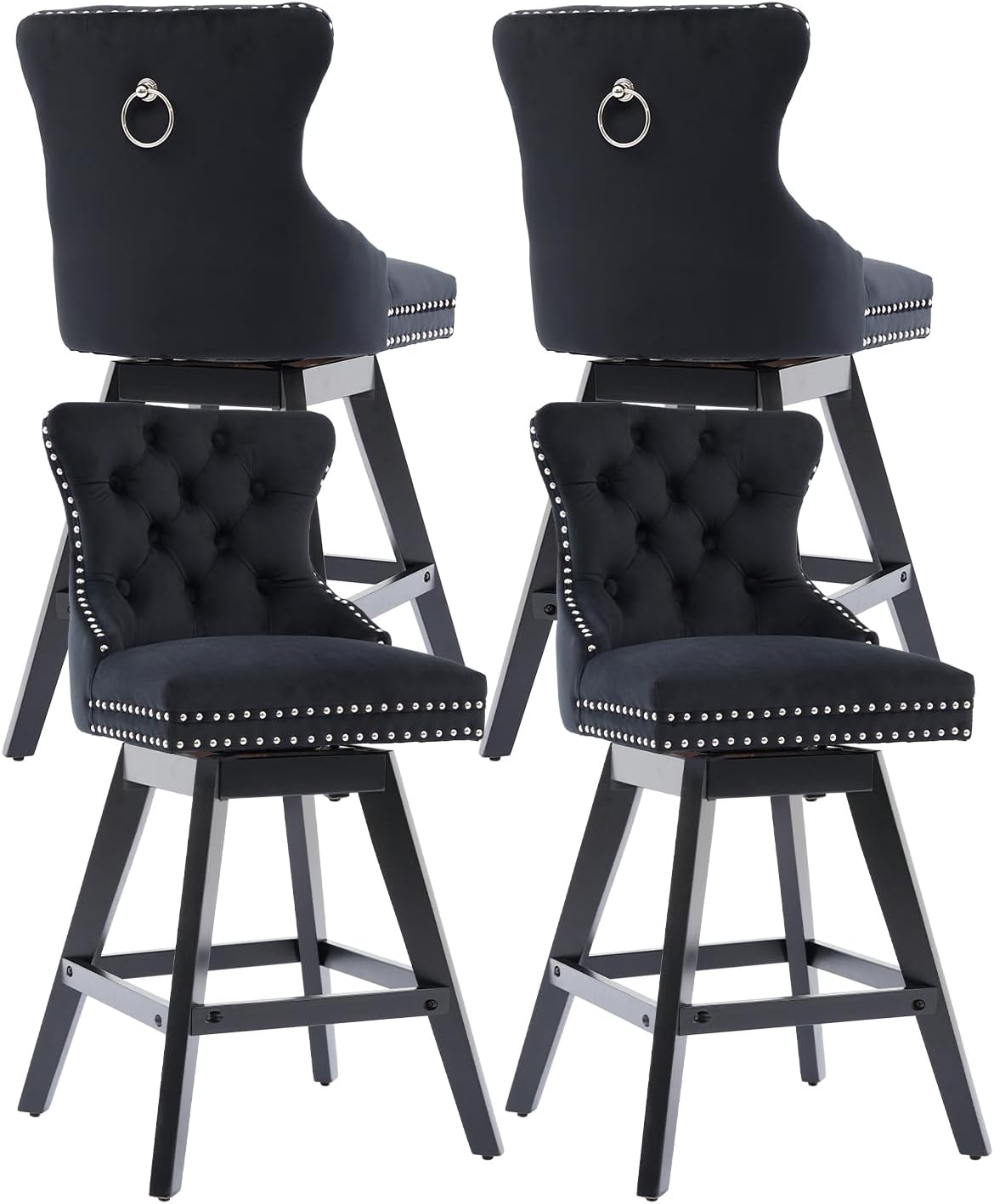 Black Bar Stools Set of 4, Modern Swivel Velvet Counter Height Barstools, Upholstered Kitchen Island Chairs with Button Tufted Back, Rivet Trim, Solid Wood Legs, 26' H Seat, Black