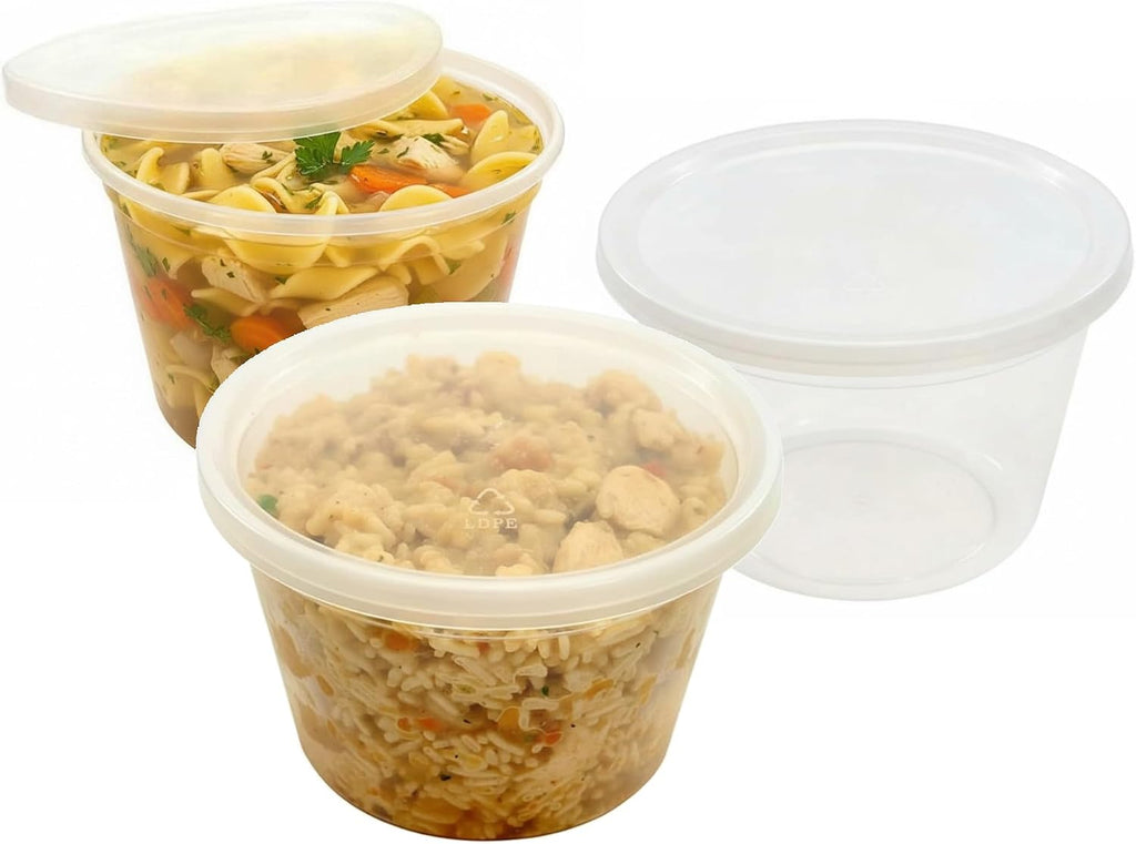 PACTOGO 64 oz (1/2 Gallon) Heavy Duty Round Plastic Deli Soup Containers with Lids, For Meal Prep Containers | BPA Free | Stackable | Leakproof | Microwave/Dishwasher/Freezer Safe (Pack of 120 Sets)