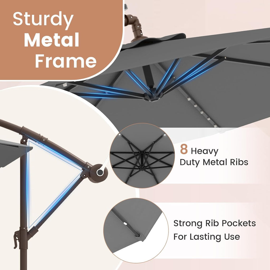 Tangkula 10FT Offset Patio Umbrella with Base Included, Outdoor Cantilever Umbrella with 40 Solar LED Lights, Tilt Adjustment, Crank Handle, Vented Top, Sand Bags for Pool Yard Deck (Gray)