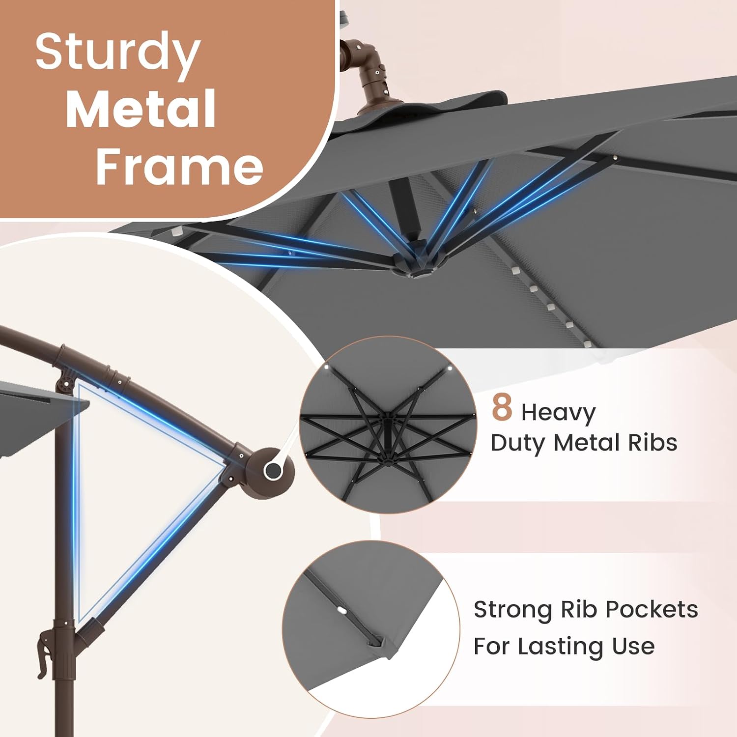 Tangkula 10FT Offset Patio Umbrella with Base Included, Outdoor Cantilever Umbrella with 40 Solar LED Lights, Tilt Adjustment, Crank Handle, Vented Top, Sand Bags for Pool Yard Deck (Gray)