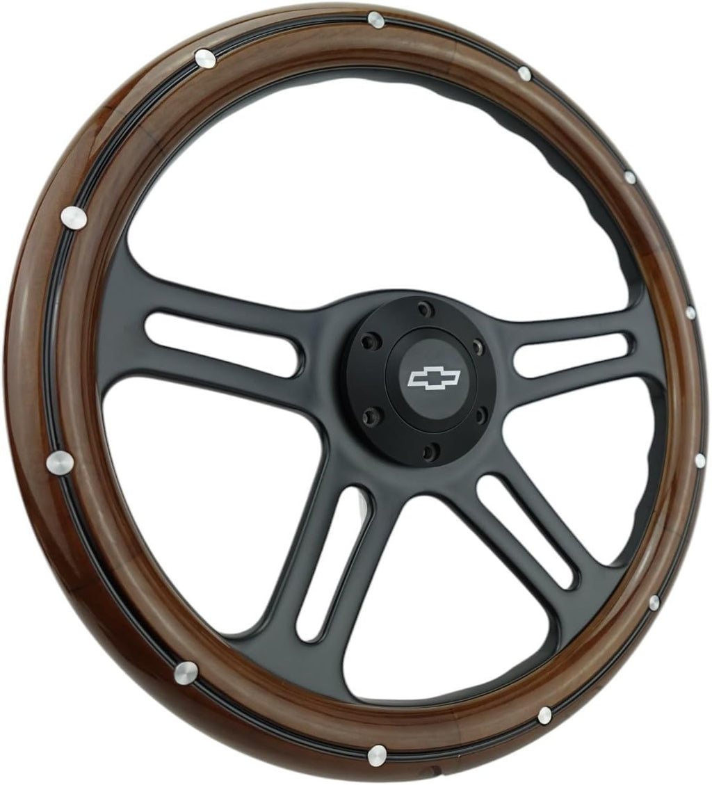 14' Billet Black Aluminum Steering Wheel w/Real Mahogany Wood Rivet Half wrap & Chevy Engraved Horn