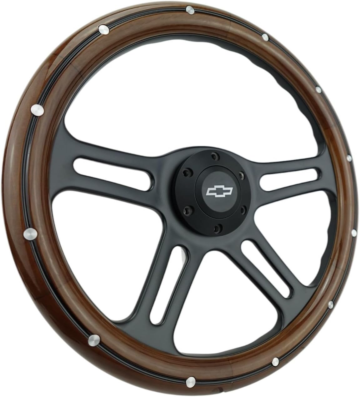 14' Billet Black Aluminum Steering Wheel w/Real Mahogany Wood Rivet Half wrap & Chevy Engraved Horn