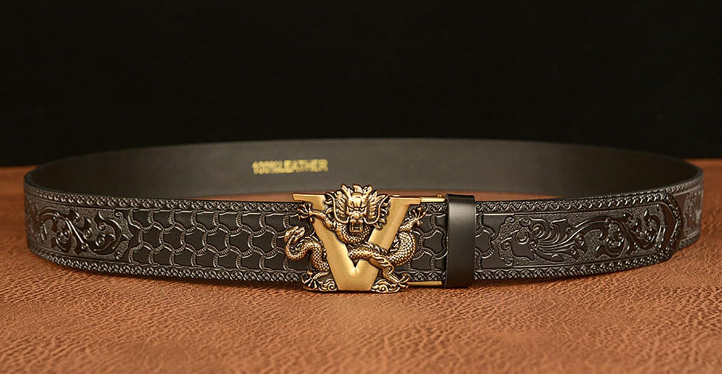 Mens Ratchet Leather Belt, Genuine Leather belts, Engraved Vintage Dragon Eagle Tiger Buckle, Business leisure belt