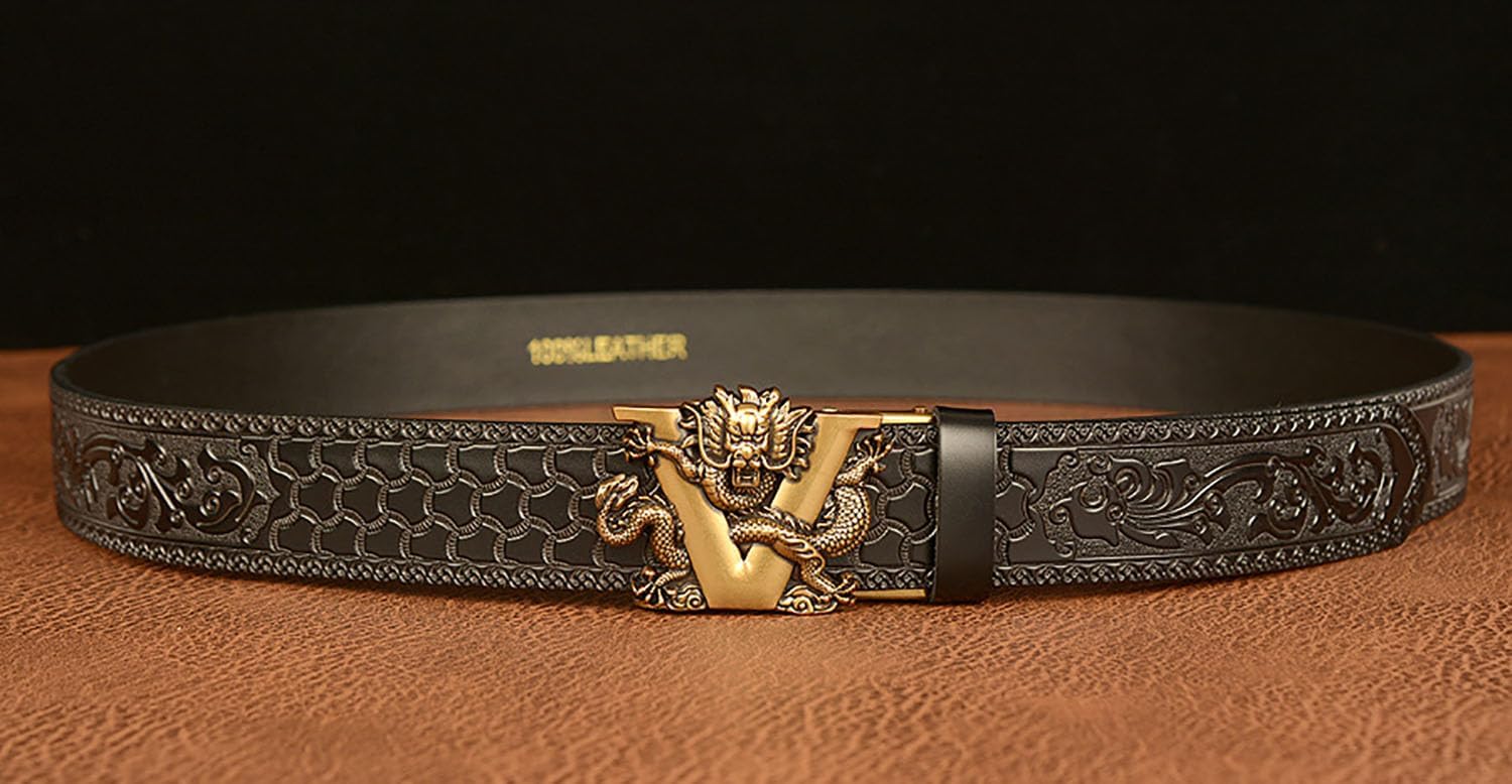 Mens Ratchet Leather Belt, Genuine Leather belts, Engraved Vintage Dragon Eagle Tiger Buckle, Business leisure belt