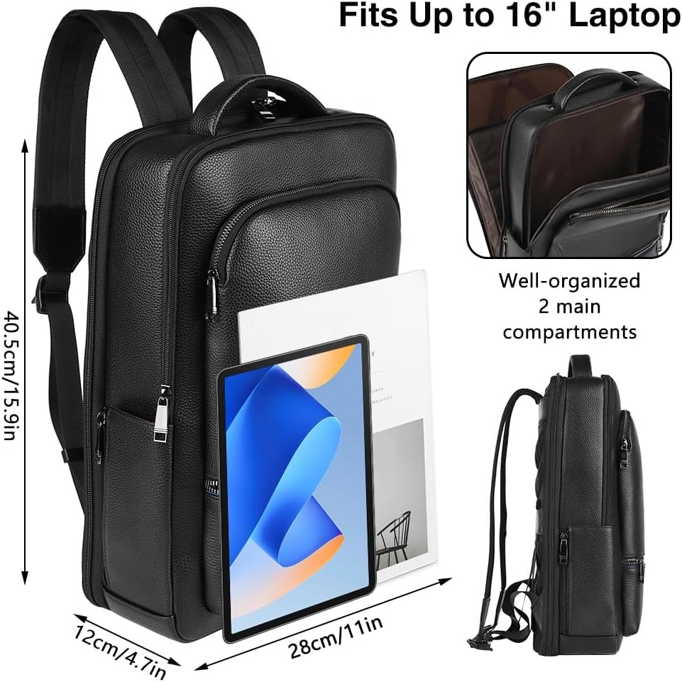 Full Grain Genuine Leather Backpack for Men Multi-Functional 15.6' Laptop Backpack with USB Charging, Black Business Travel Backpack Work Rucksack Daypack