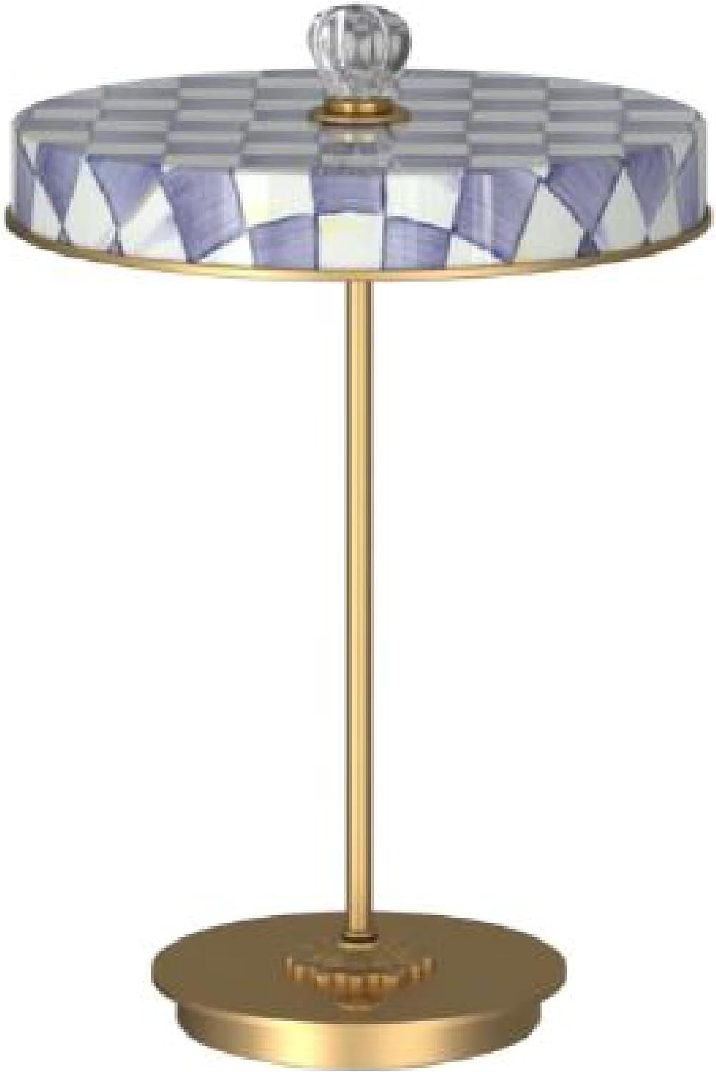MACKENZIE-CHILDS LED Rechargeable Disk Table Lamp, Cordless Decorative Lamp, Purple-and-White Violet Check