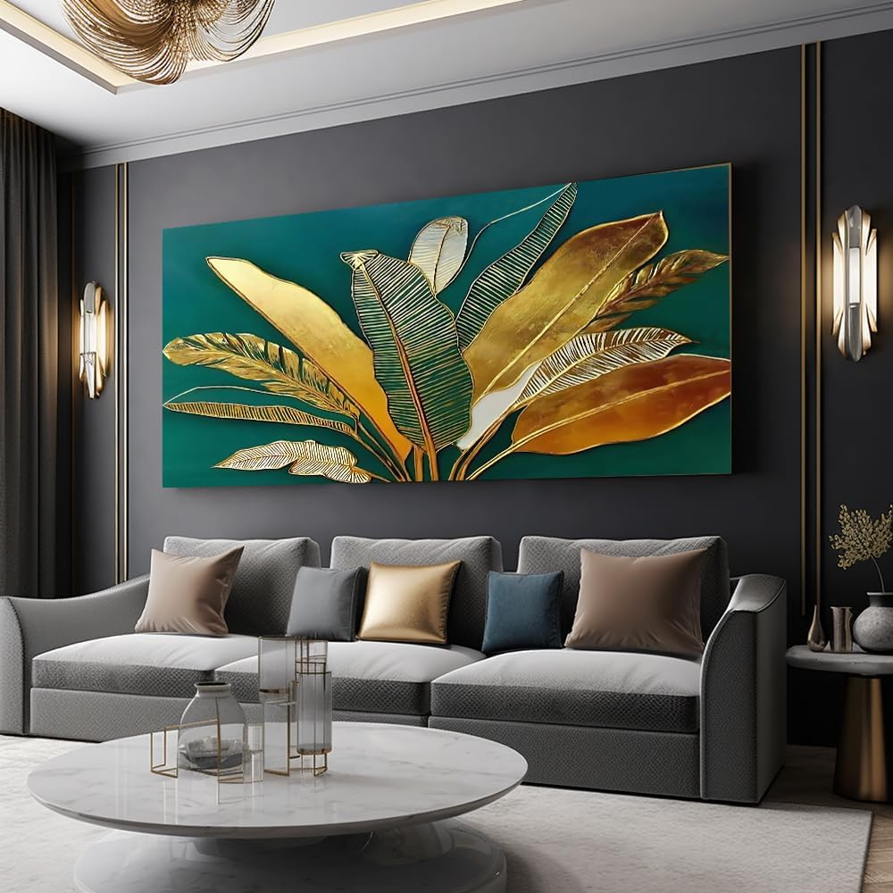 IDAFU Green Leaf Wall Art, Green and Gold Leaves Wall Painting, Emerald Green Tropical Botanical Décor Canvas Prints, Abstract Sage Boho Painting for Office Home Décor, Ready to Hang 60L x 30W