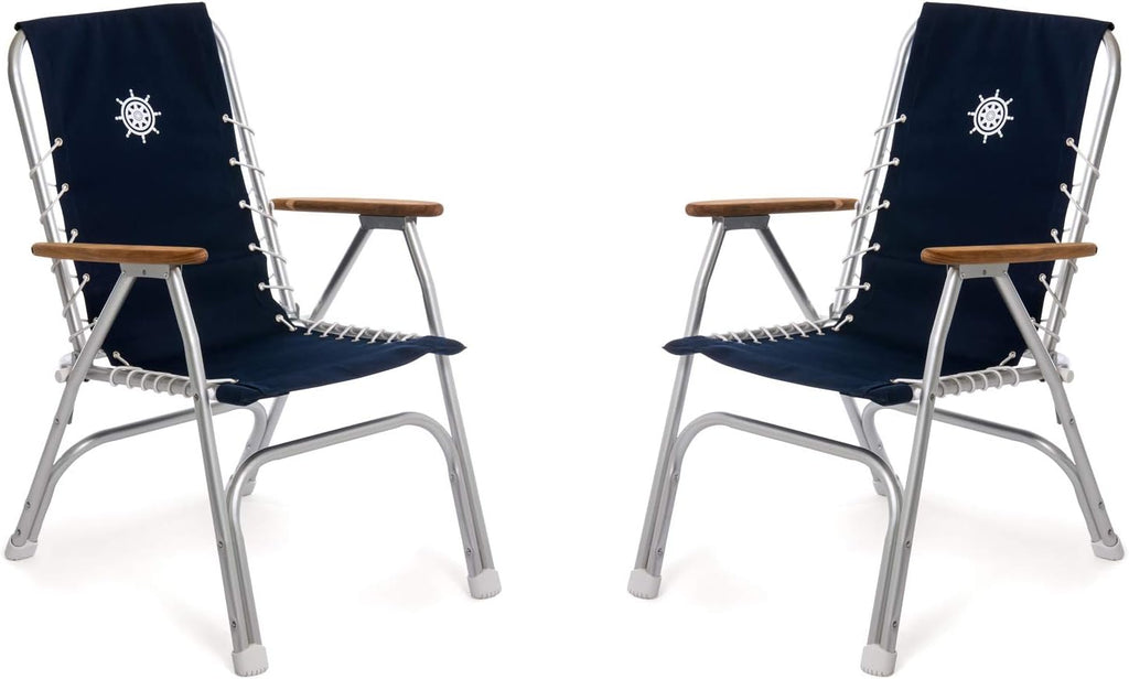 Boat Chairs High Back Navy Blue Deck Folding Marine Aluminum Teak Furniture Set of 2 M150NB