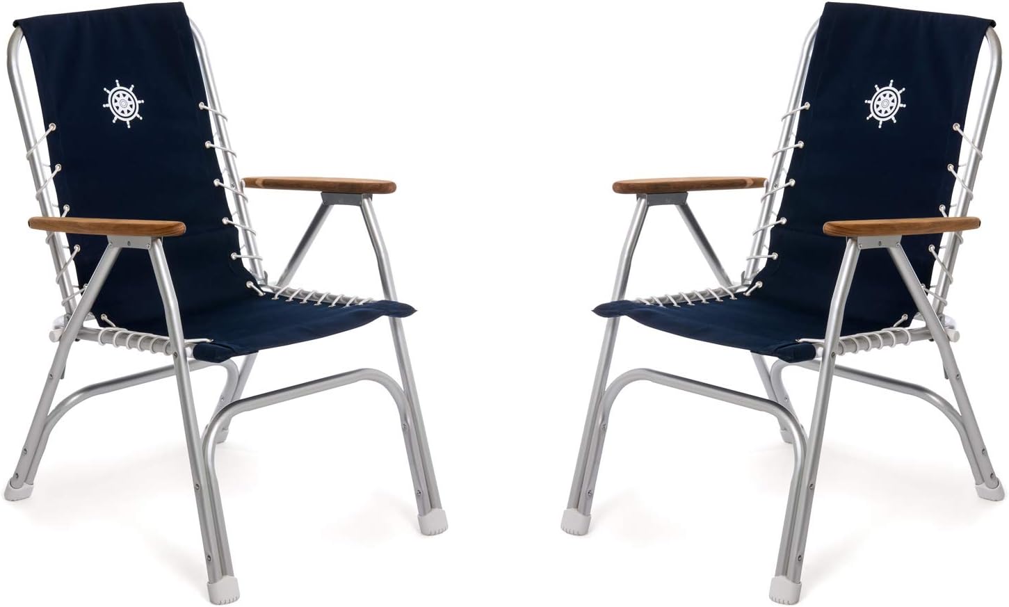 Boat Chairs High Back Navy Blue Deck Folding Marine Aluminum Teak Furniture Set of 2 M150NB