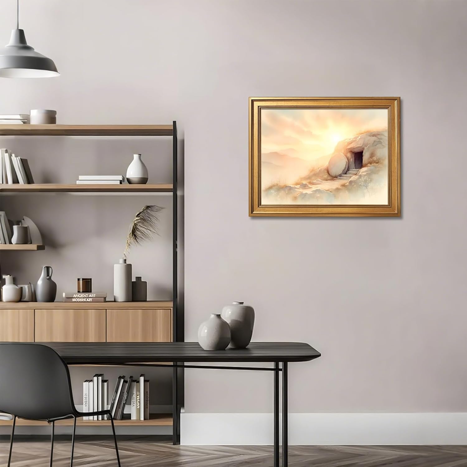 Framed Empty Tomb Easter Morning Painting Wall Art He Is Risen Canvas Print Watercolor Christian Jesus Resurrection Poster Easter Picture Bible Verse Scripture Decor for Church Prayer Room 24x36inch