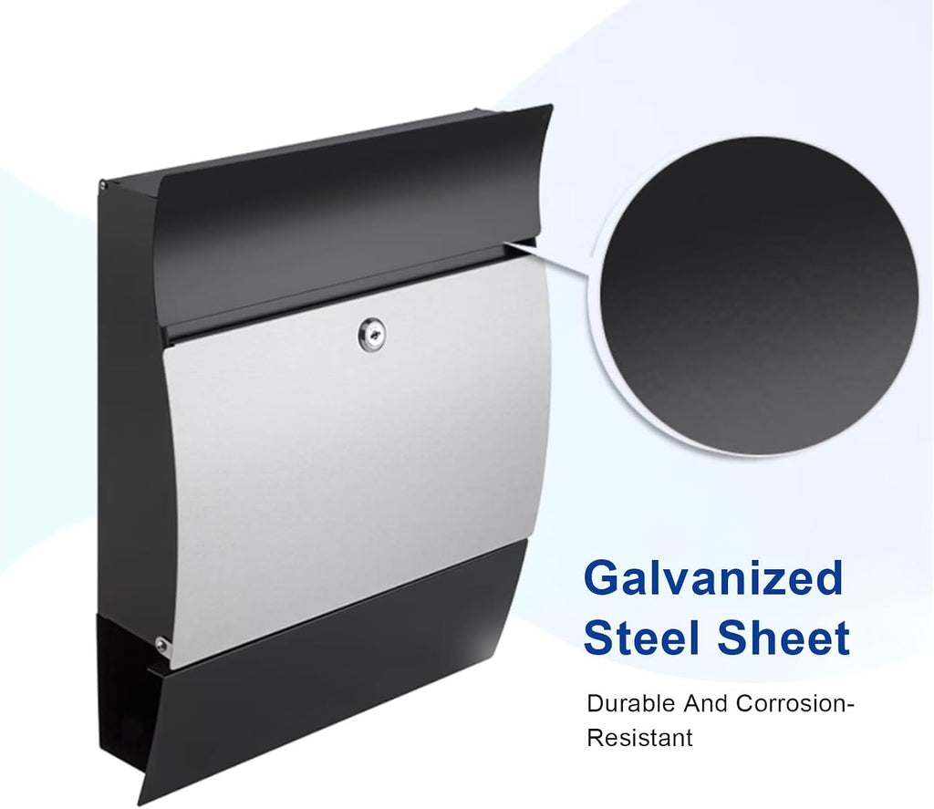 Modern Wall Mounted Mailbox, Large Capacity Galvanized Steel Metal Mail Box, Locking Mailboxes for Outside, Boxes Hanging Secure Postbox 14 x 4 x 18 Inch