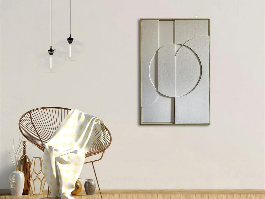 Slyart White Textured Wall Art, Handmade Abstract Plaster Wall Art Framed Artwork, 3D Minimalist White Relief Verical Painting