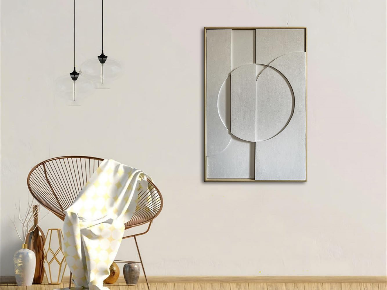 Slyart White Textured Wall Art, Handmade Abstract Plaster Wall Art Framed Artwork, 3D Minimalist White Relief Verical Painting