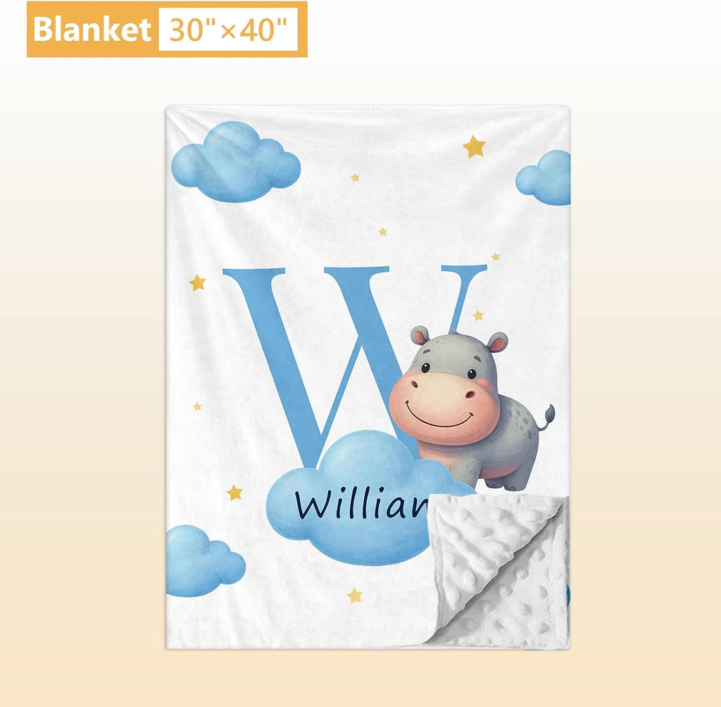 Terwex Custom Crib Bedding Set, 5 Pcs Personalized Name Baby Crib Sets for Newborns Infants Toddlers, Blue Hippo Nursery Bedding Set for Boys Girls, Double Layer Baby Bedding Sets Customized Gifts
