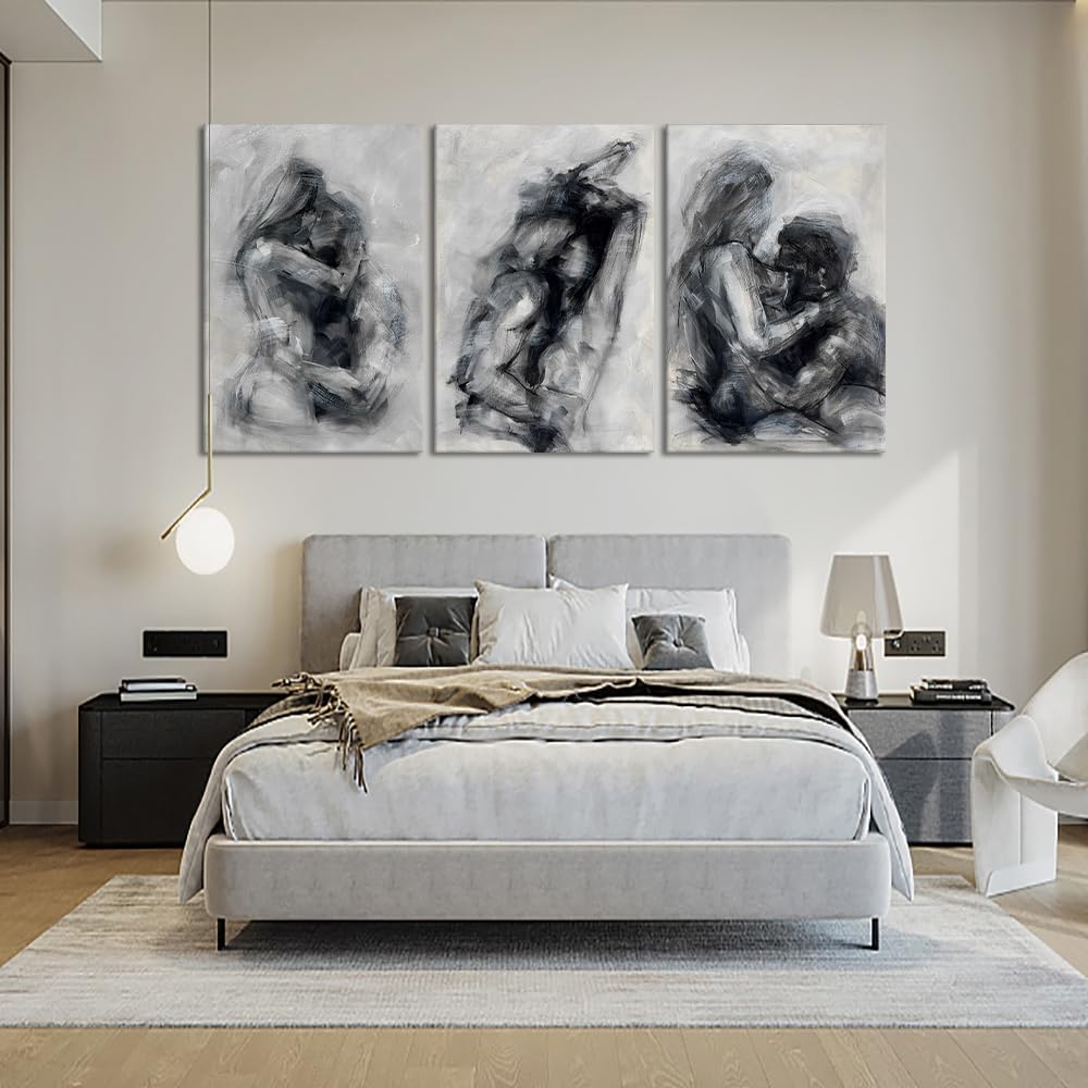 Large Abstract Sexy Canvas Wall Art Set of 3 Abstract Naked Couple Black and White Canvas Print Painting for Bathroom Bedroom Home Decorations 24x36inchx3pcs