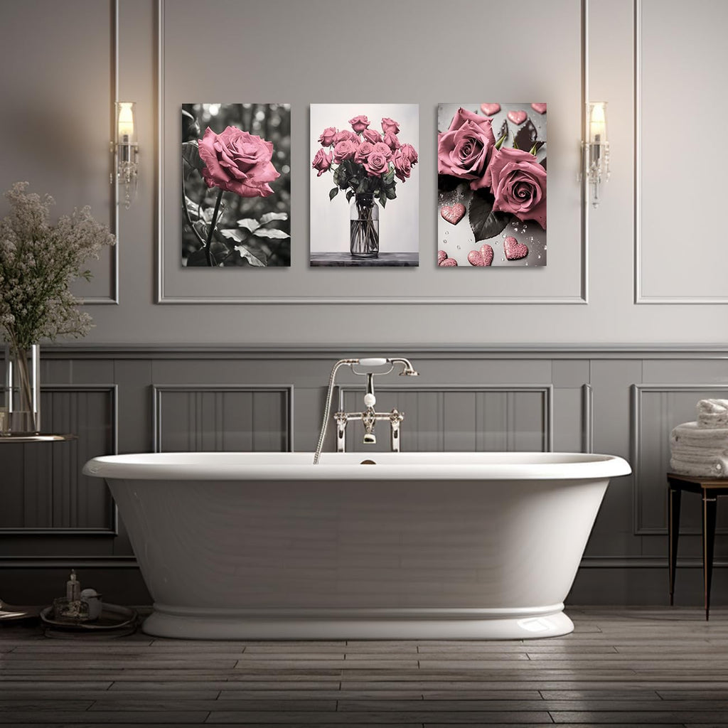 ZQQART Pink Rose Wall Art 3 PCS Bloom Pink Flower Canvas Prints Rustic Black and White Pink Floral Painting for Girls Room Wall Decor (Pink24.00' x 36.00' x 3)