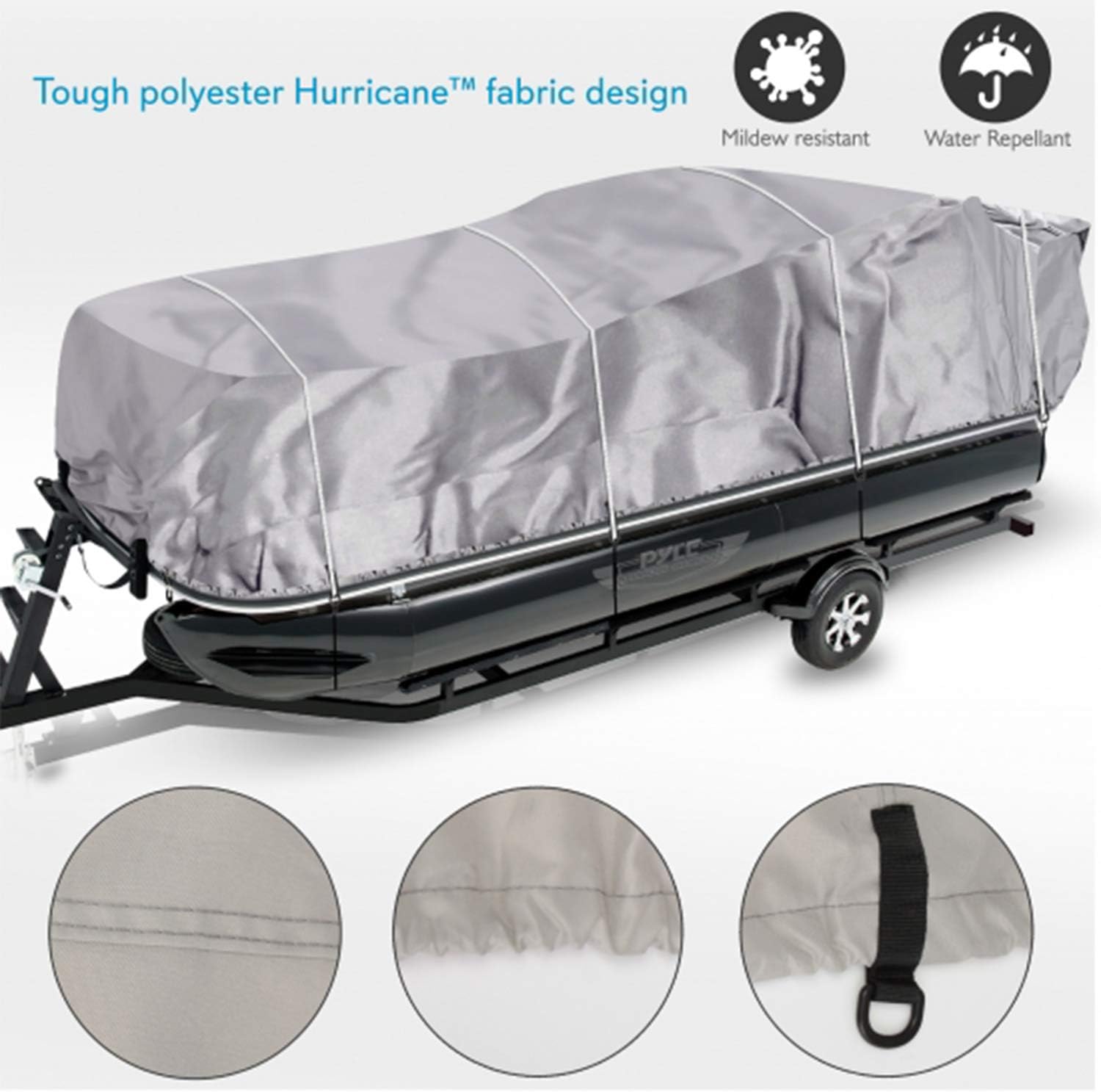 Pyle Universal Boat Adjustable Storage Cover - 25'-28'L to 96' Pontoon Boats Protection Custom Heavy Duty Waterproof Polyester Fabric, Snap Strap, Elastic Cord, Bag