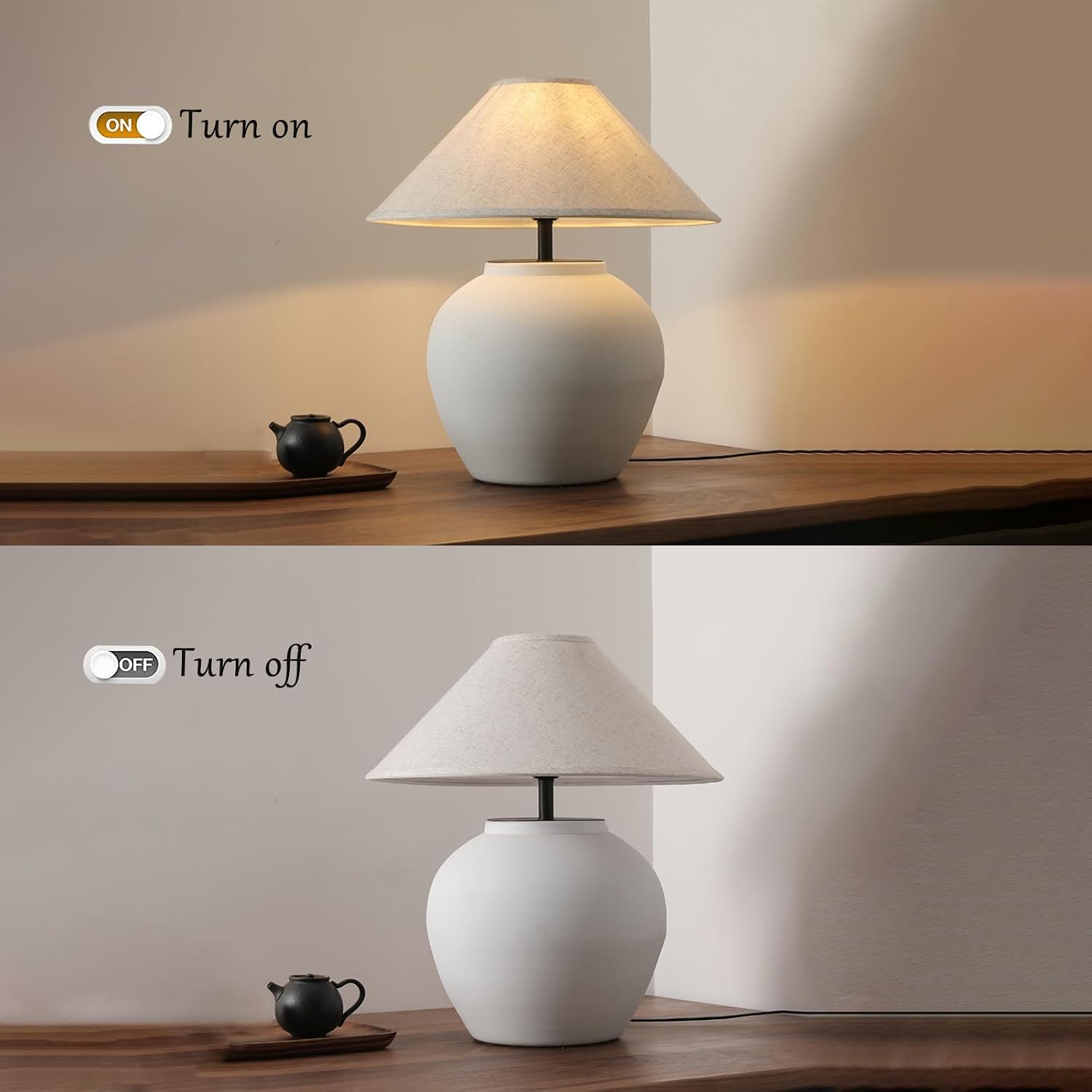 Farmhouse Table Lamps Black 18.8' Tall Ceramic Table Lamp Rustic Southwestern Clay Pot Ceramic Lampshade with Fabric Shade Bedside Nightstand for Living Room Bedroom House Office Entryway (White)