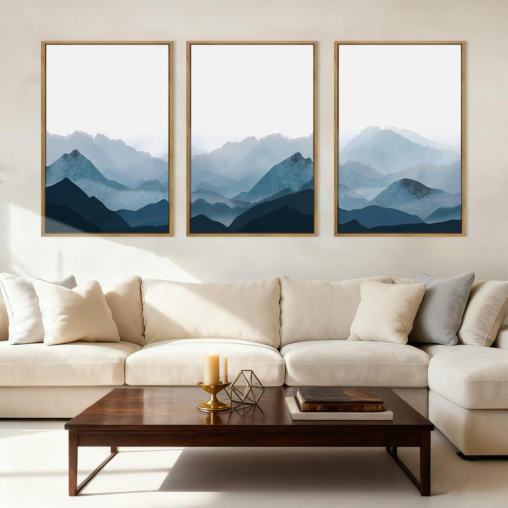 BINCUE Large Blue Mountain Wall Art Fog Blue Ridge Mountains Artwork Framed Minimalist Mountains Wall Decor Simple Mountain Pictures Landscape Artwork for Living Room Bedroom Office Farmhouse 24x36 Inch 3 Piece