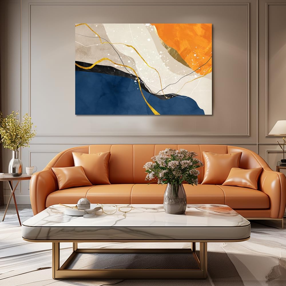 Abstract Canvas Wall Art for Living Room Large Nave Blue Abstract Wall Decor Picture Modern Orange Painting Artwork for Bedroom Home Office Decoration, Ready to Hang (Blue and Orange, 32'×48')