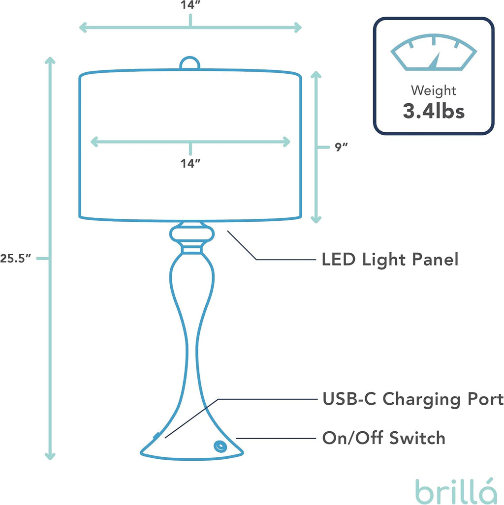 My Magic Carpet Brillá Metal LED Rechargeable Lamp - Battery Operated Desk Light with Built in Battery - Cordless LED Table Lamp for Home - Wireless Lantern for Office, Bedroom, & Living Room (25.5')