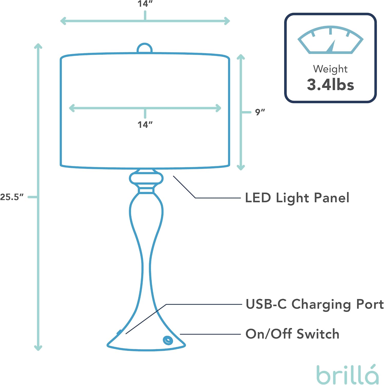 My Magic Carpet Brillá Metal LED Rechargeable Lamp - Battery Operated Desk Light with Built in Battery - Cordless LED Table Lamp for Home - Wireless Lantern for Office, Bedroom, & Living Room (25.5')