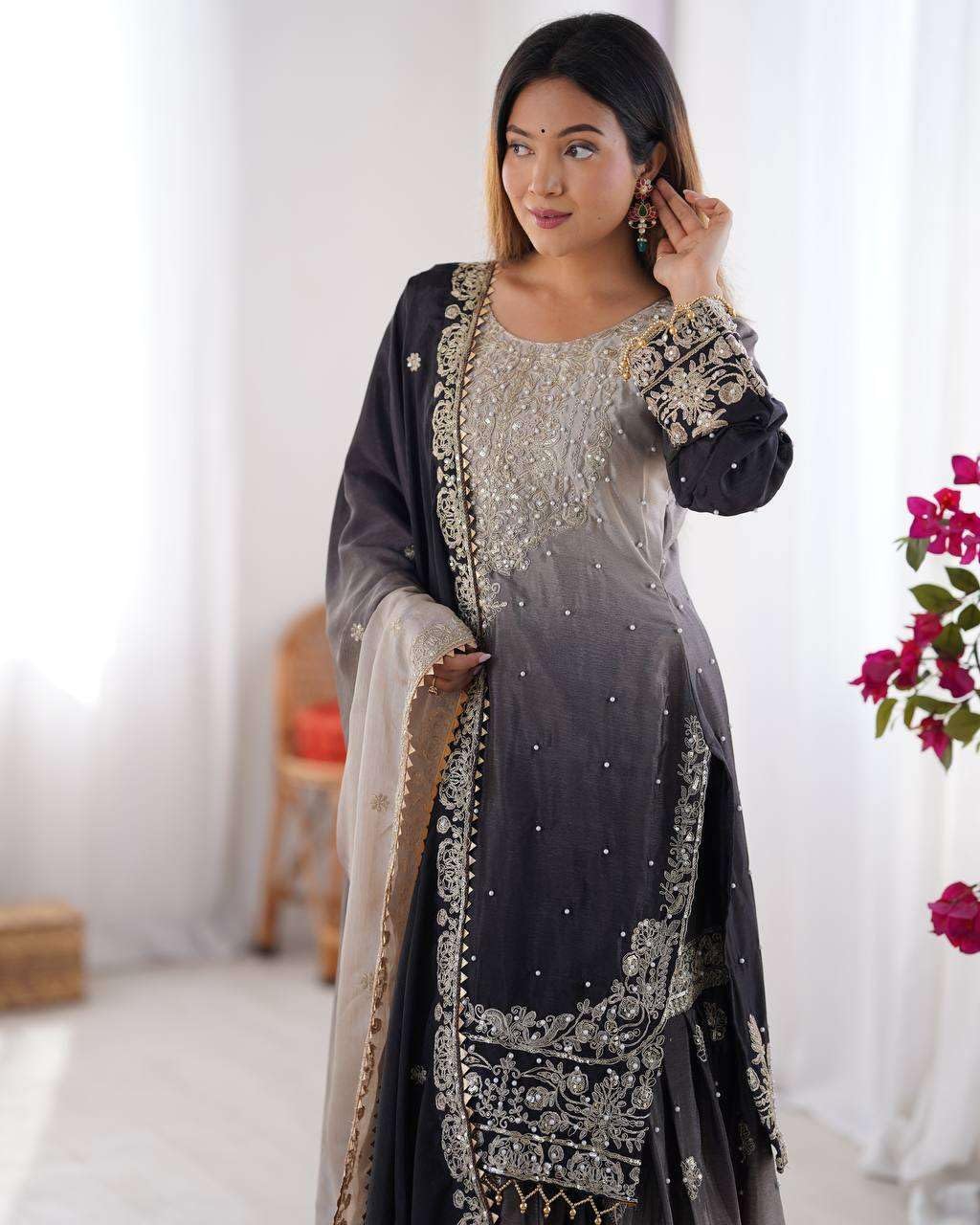 Flora Worlds Women's Chinon Silk Sequence With Rivet Moti Work Straight Kurta With Sharara and Dupatta Set