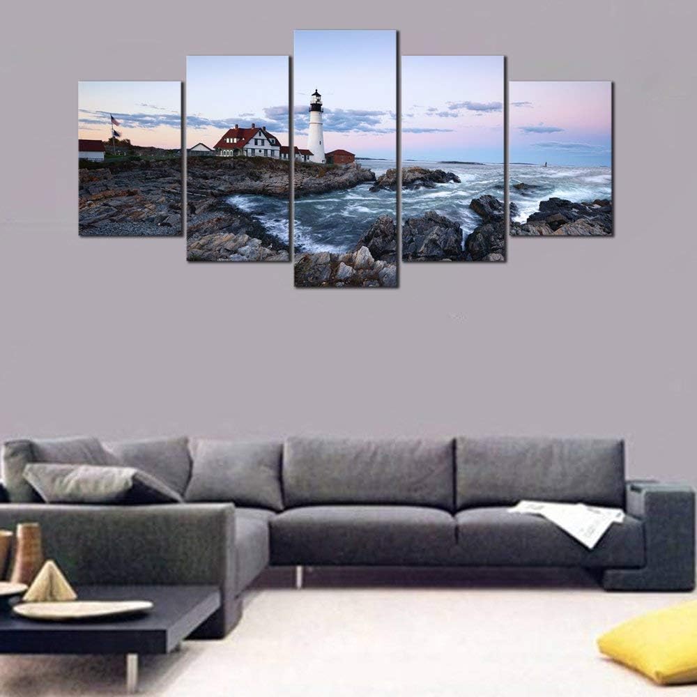 Wieco Art Portland Lighthouse 5 Piece Seascape Canvas Paintings Wall Art Extra Large Modern Ocean Sea Beach Giclee Canvas Prints Artwork Pictures Home Office Decoration for Living Room Bedroom XL