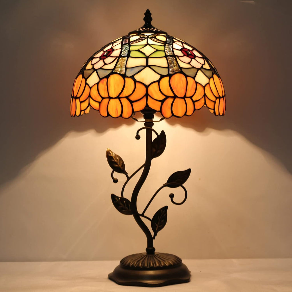 Tiffany Lamp Orange Flower Stained Glass Table Lamp Desk Bedside Reading Light 12X12X19 Inches with Metal Leaf Base Decor Bedroom Living Room