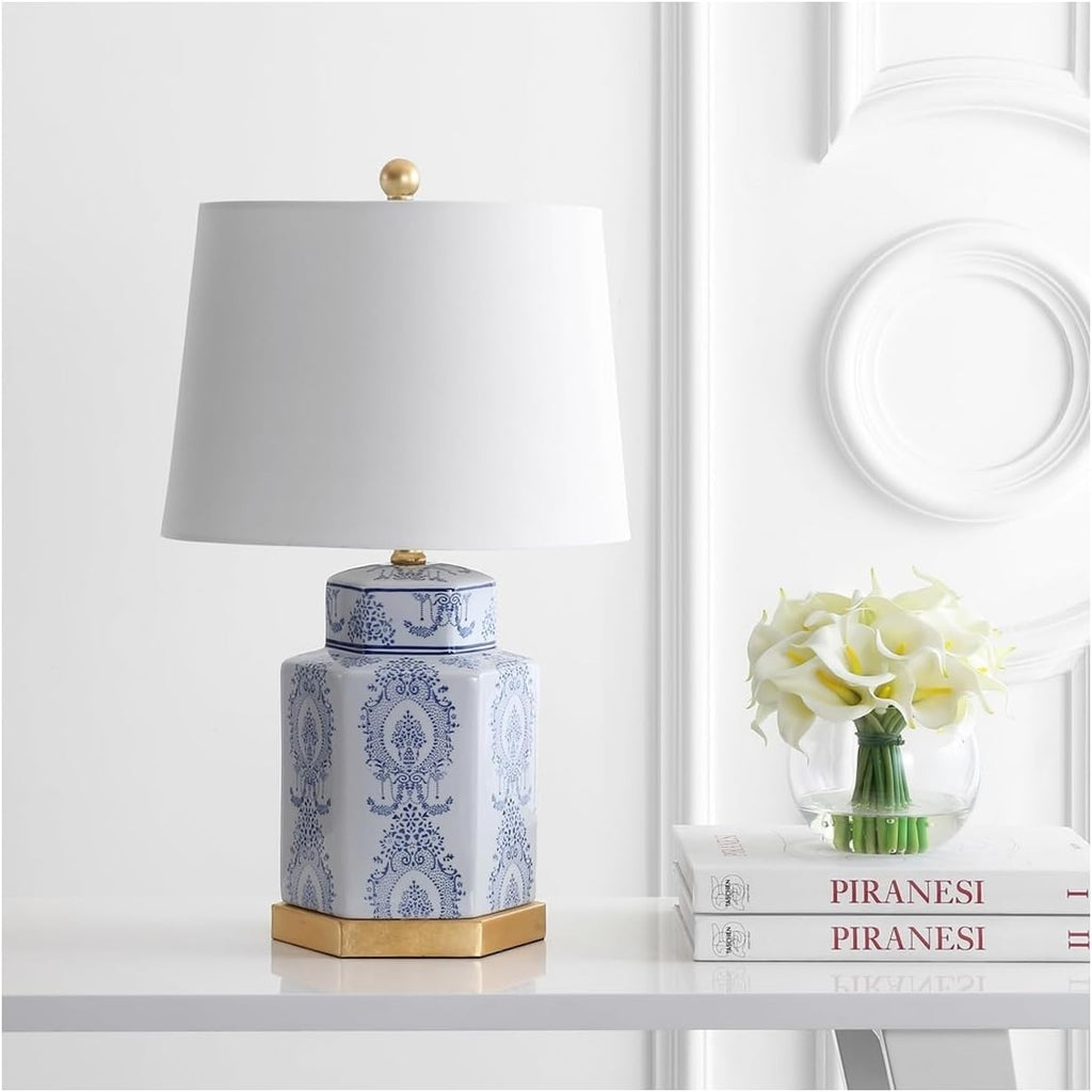 SAFAVIEH Lighting Collection – Bodin Set of 2 Blue & White Ceramic Table Lamps with Gold Leaf Accents, 23-Inch Bedroom or Living Room Lamps, LED Bulbs Included (TBL4150A-SET2)
