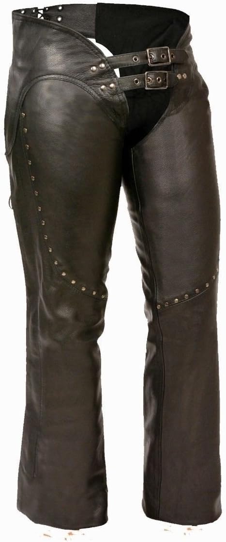 WOMEN'S MOTORCYCLE MOTORBIKE LEATHER CHAP DOUBLE BUCKLE W/RIVET DETAILING BLACK (M Regular)