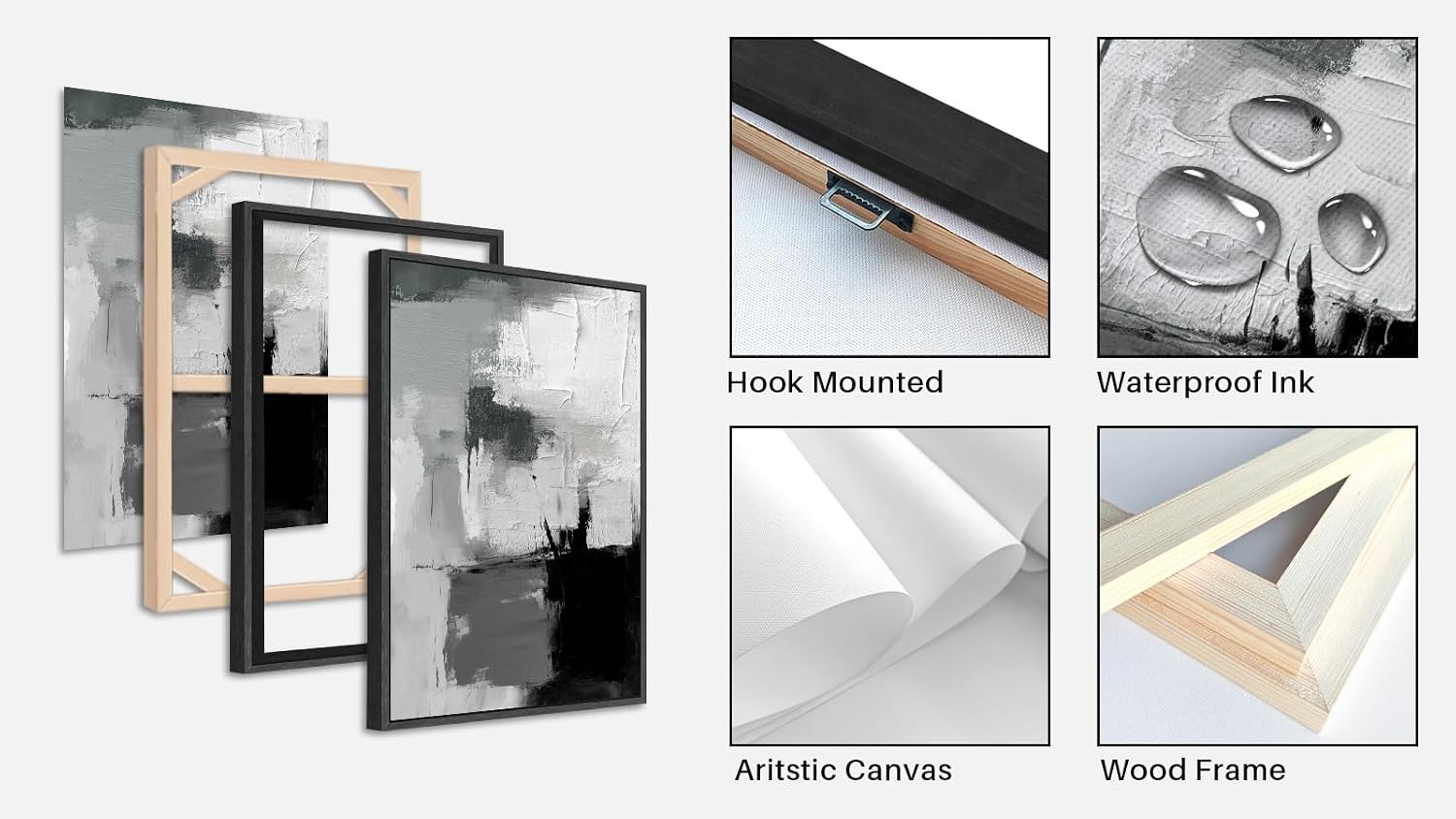 Large Framed Canvas Wall Art - Retro Grey Graffiti Pictures for Living Room Rustic Abstract Wall Decor Vintage Prints for Bedroom Dinning Room Black Float Framed 32' X 48' X 3 pcs