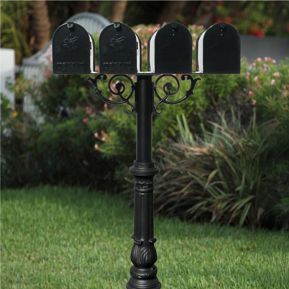 The Hanford Rust Free Cast Aluminum Quad Mailbox Post System with Ornate Base, 4 E1 Mailboxes, Mounting Bracket and Scroll Supports, Ships in 2 Boxes