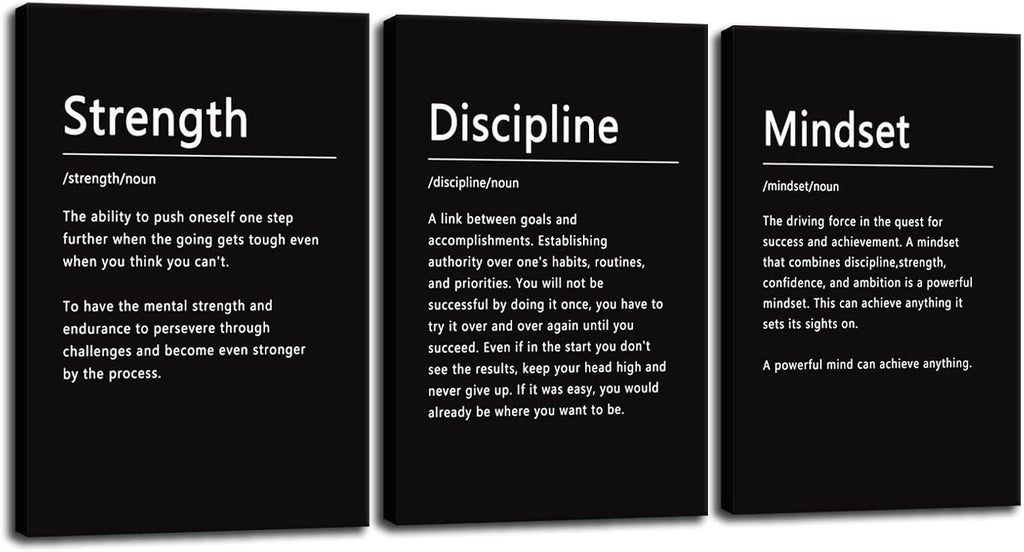 Canvas Painting Wall Art Success Quote Motivational Wall Art Strength Discipline Mindset Noun 3 Pieces Black Poster Positive Inspirational Framed Artwork Prints Picture for Home Office[72''Wx 36''H]