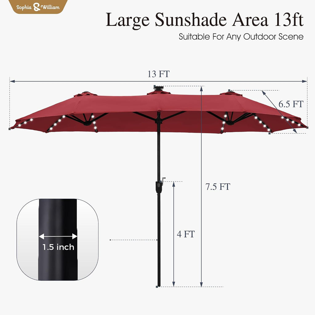 Sophia & William 13ft Outdoor Patio Umbrella with Solar Lights, Large Double-sided Umbrella with LED Lights, Perfect for Garden, Deck, Pool, Burgundy