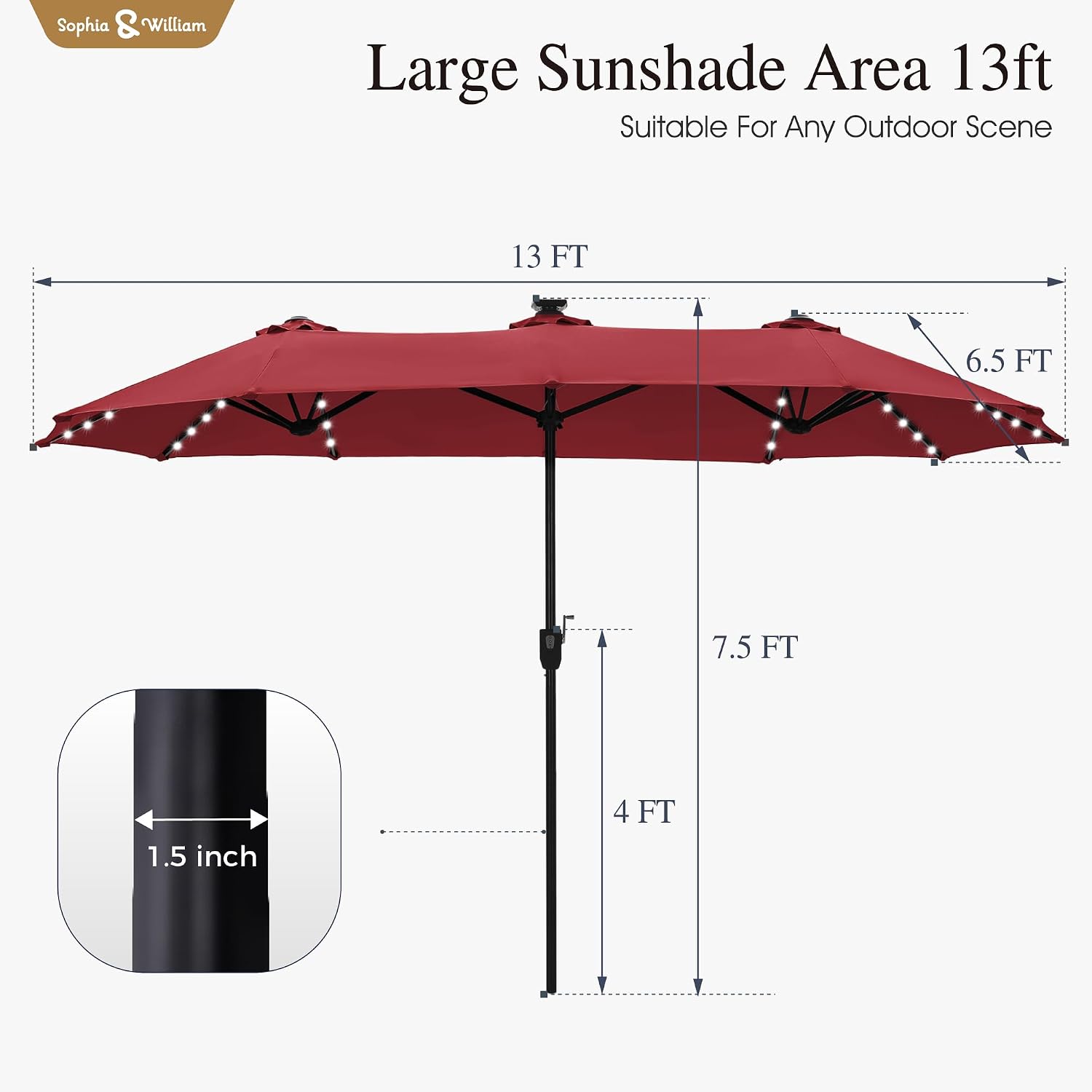 Sophia & William 13ft Outdoor Patio Umbrella with Solar Lights, Large Double-sided Umbrella with LED Lights, Perfect for Garden, Deck, Pool, Burgundy