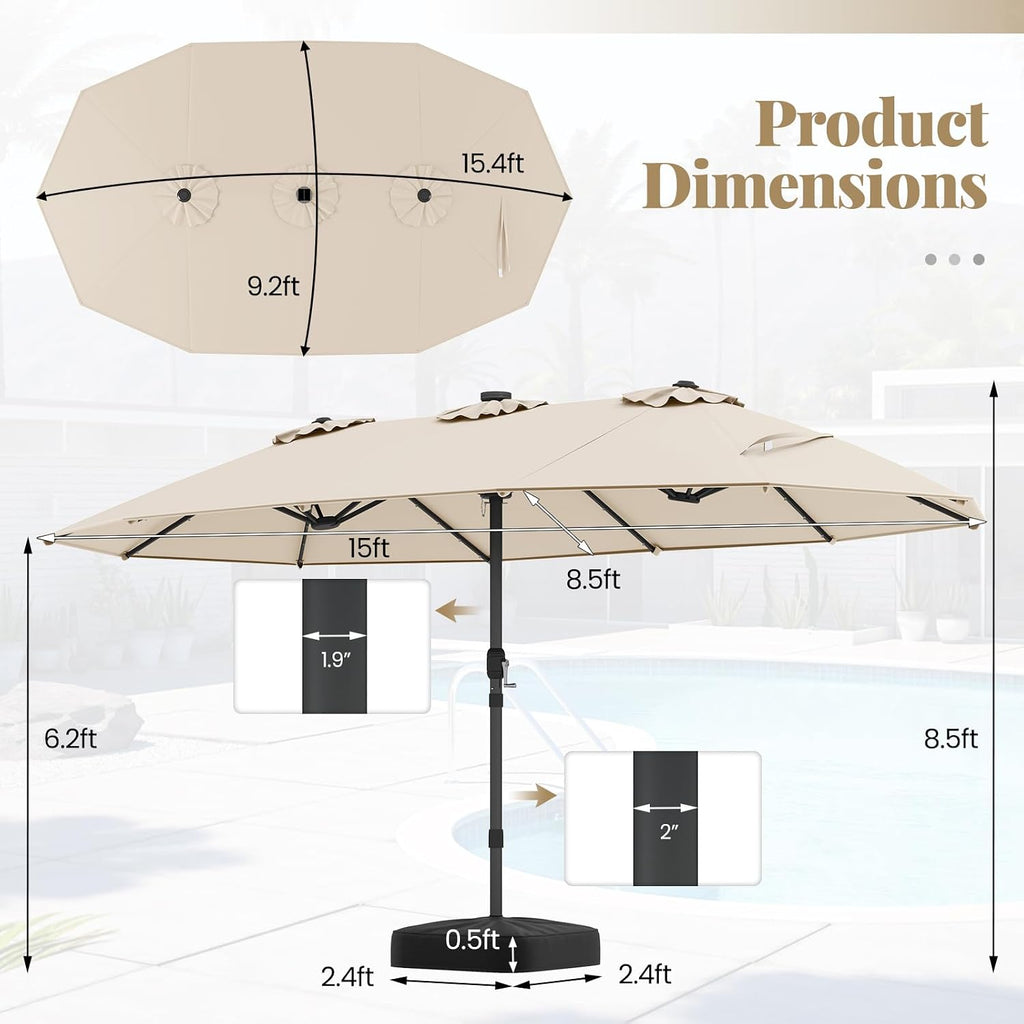 Tangkula 15FT Double-Sided Solar Patio Umbrella, Extra-Large Outdoor Twin Umbrella with 48 LED Lights, Vented Top, Crank Handle, 12 Ribs, Weighted Base Included for Backyard Poolside Deck (Beige)