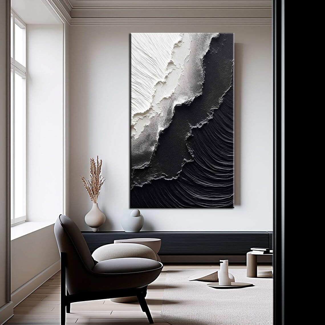 YaSheng Art - Vertical Wall Art Texture Abstract Oil Painting ,Hand Painted sea wave Black and White Wall Art Minimalist modern Art Paintings,, Home Living room Room Dining Room Bedroom Wall Decorative Art Oil Painting 24x48inch