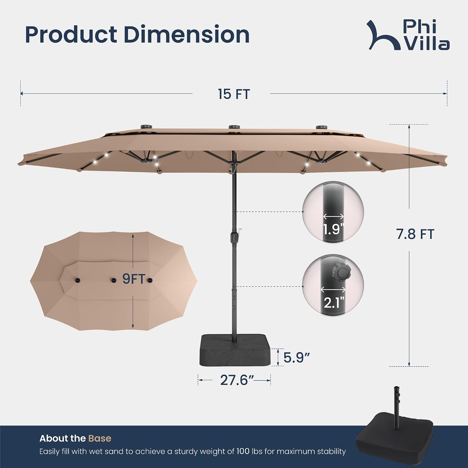 PHI VILLA 15ft 2-Tier Large Patio Umbrella with Solar Lights, Double-Sided Outdoor Market Rectangle Umbrellas with 36 LED Lights, Umbrella Base (Stand) Included, Beige