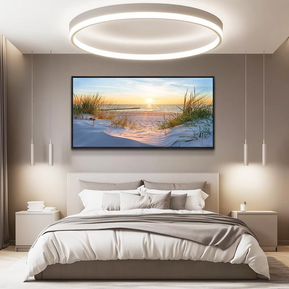 MHARTK66 Canvas Wall Art For Living Room Large Wall Decor For Office Bedroom Poster Art Prints Sun Seascape Wall Painting Blue Ocean Pictures Artwork For Walls Black Wood Framed 24' X 48'