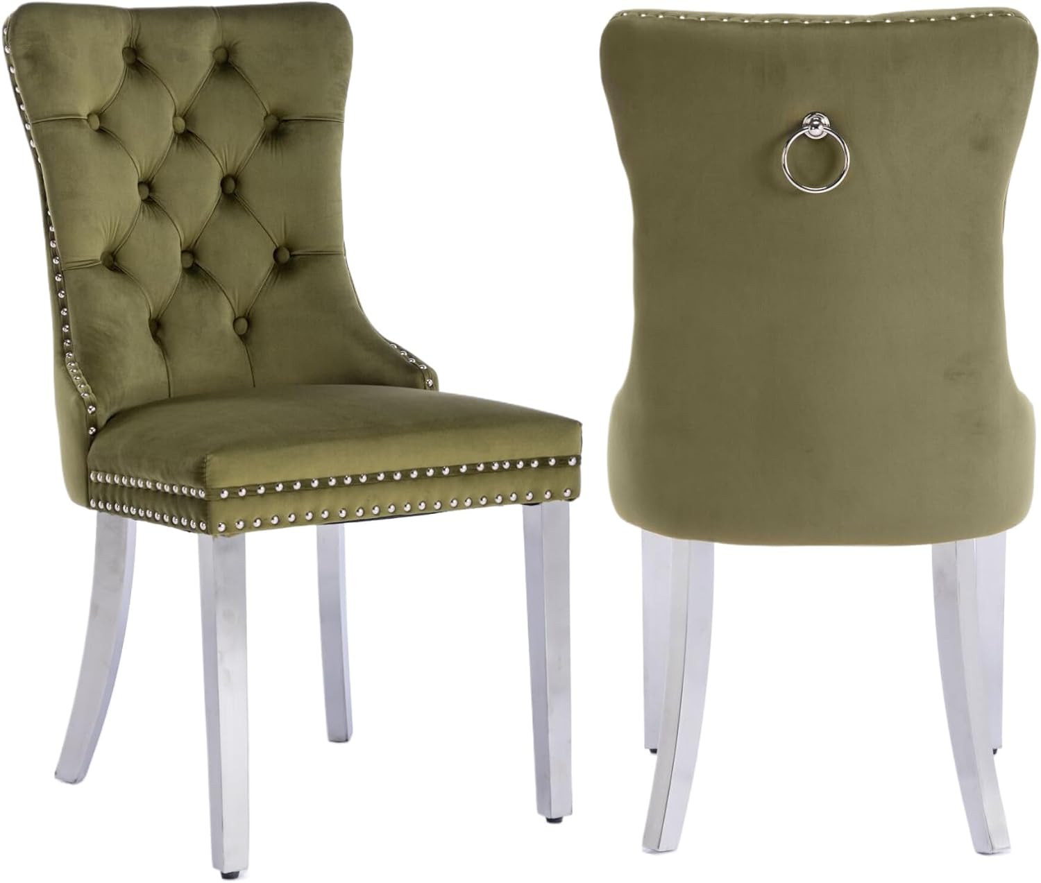 2 Piece Contemporary Velvet Upholstered Dining Chair with Chrome Stainless Steel Plating Legs, Nail Head Decro, Armless Tufted Dining Chair Fabric Dining Room Chair (Green&Silver, Set of 2)