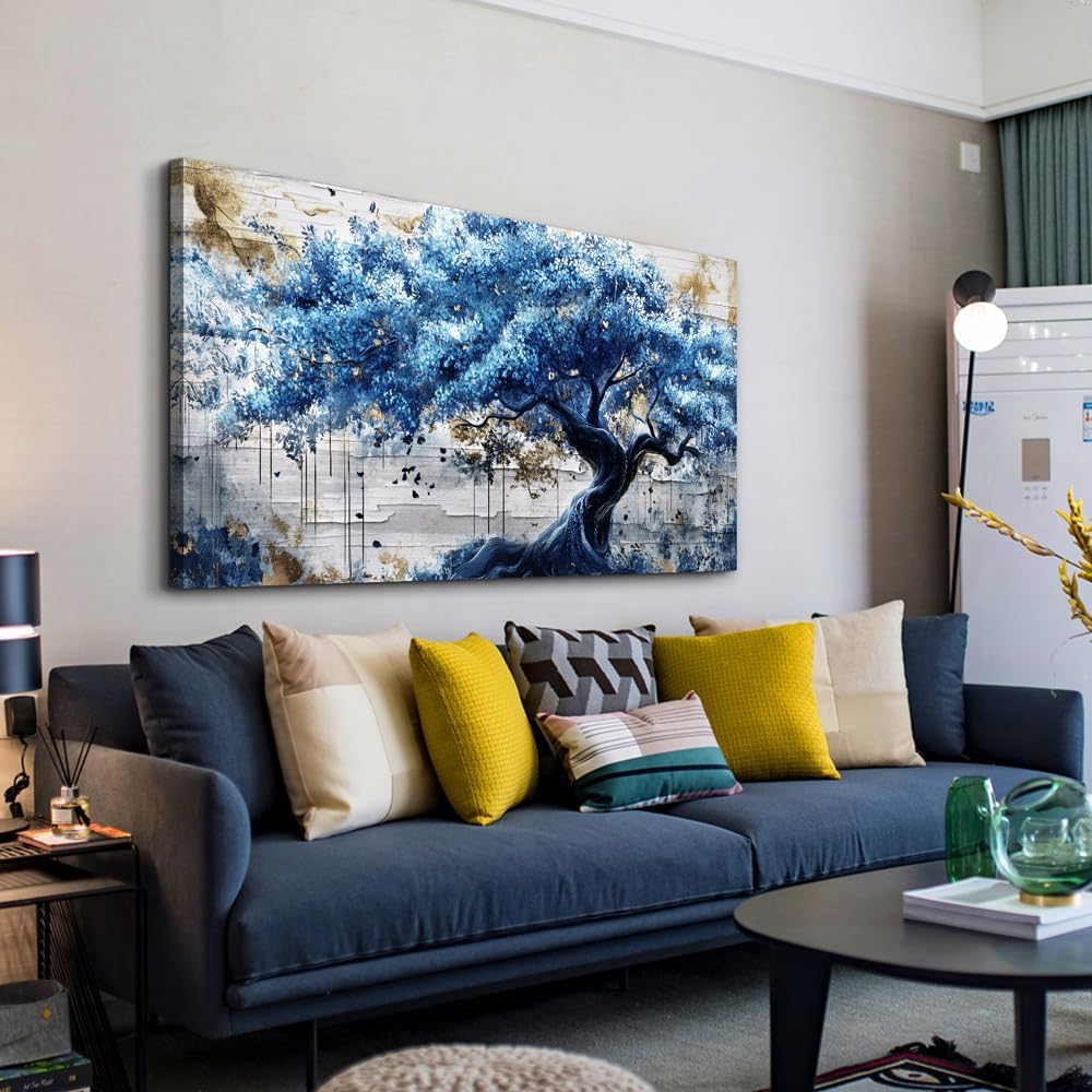 ERQINHUA Large Canvas Wall Decor For Living Room Wall Art For Bedroom Office Decor Blue Tree Wall Paintings Farmhouse Abstract Watercolour Pictures Artwork Home Decor Ready To Hang Posters 30'X60'