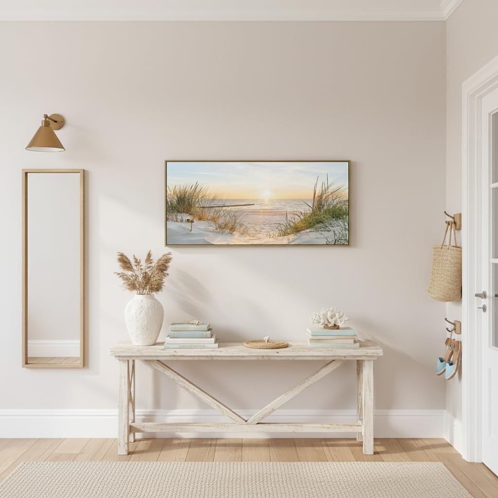 Canvas Framed Wall Art Beach: Ocean Coastal Large Picture Decor Seascape Sunset Scene Painting Sea Seaside Landscape Print Modern Seashore Grass Dunes Artwork for Bedroom Living Room