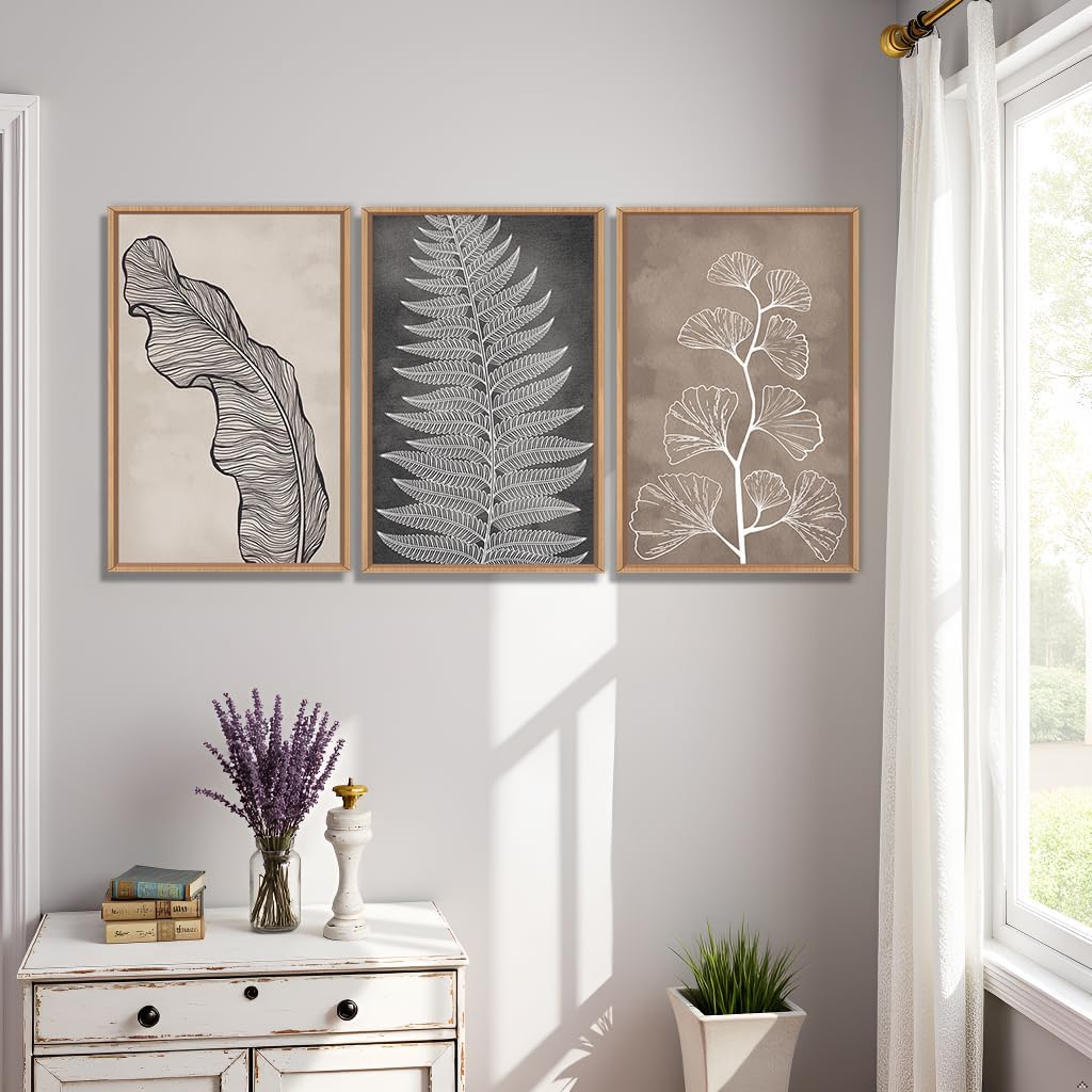 HLNIUC Botanical Neutral Framed Wall Art Set, Abstract Fern Leaf Canvas Wall Decor, Vintage Rustic Plant Wall Painting, Black Beige Nature Art Print for Living Room, Bedroom, Office - 24'x36'x3
