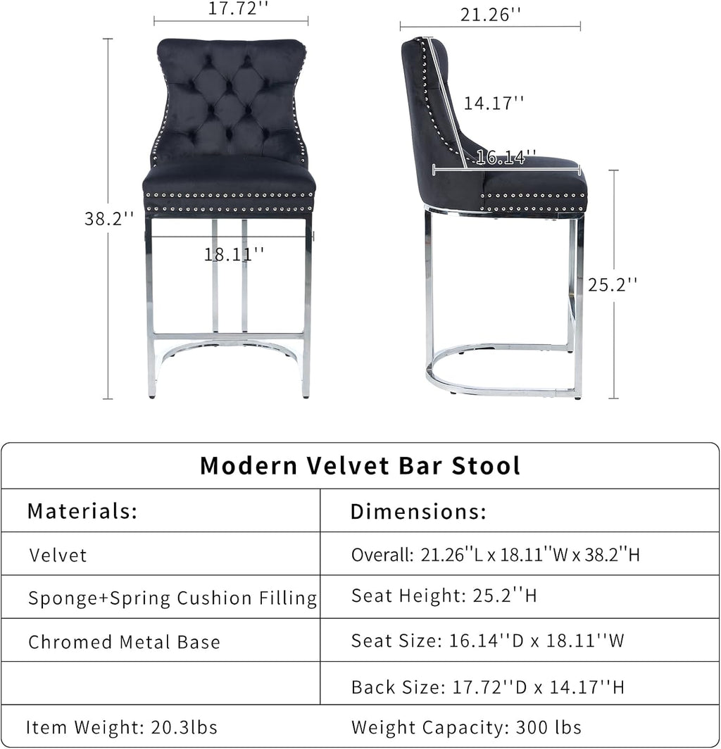 25' Counter Height Bar Stools Set of 2, Velvet Counter Stools for Kitchen Island, Tufted High Chair with Backs, Fabric Upholstered Modern Barstools for Pub Cafe, Chromed Metal Legs (Black, 2Pcs)