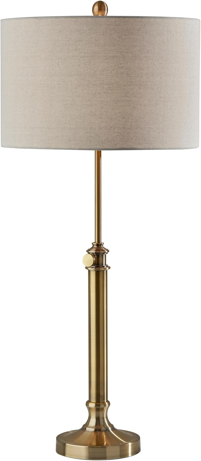 Adesso Antique Brass Table Lamp with Oatmeal Linen Shade – Adjustable Height Accent Light for Bedroom, Living Room, or Home Office, up to 34' Tall
