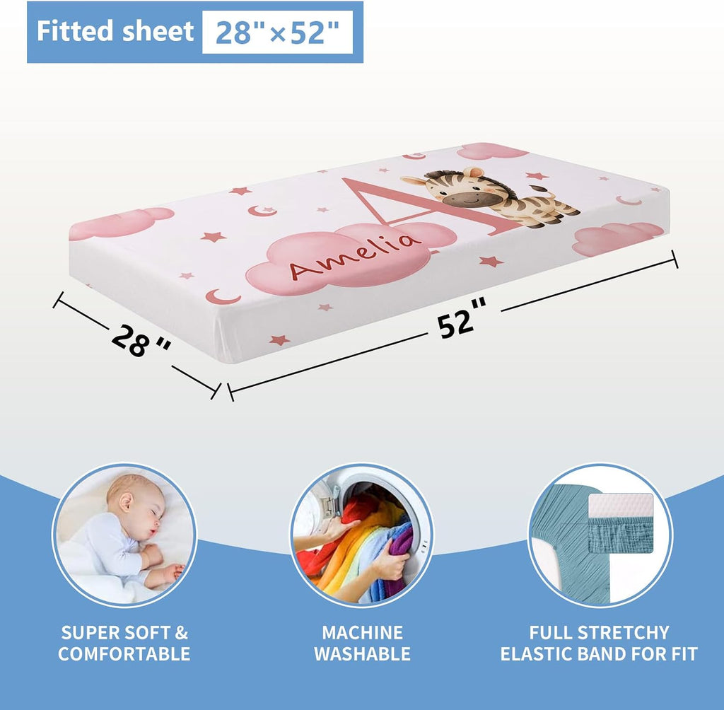 KAINSY Custom Crib Bedding Set, 5 Pcs Personalized Name Monogram Baby Crib Sets for Infants Toddlers, Pink Zebra Nursery Bedding Set for Boys Girls, Double Layer Baby Bedding Sets Customized Gifts